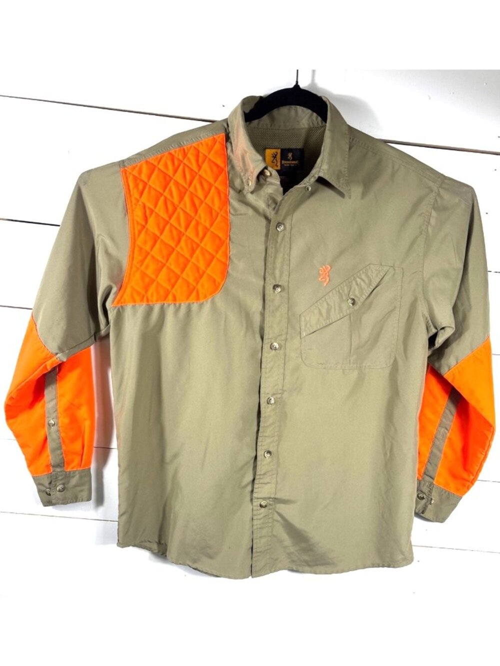Browning Mens Hunting Shirt Medium Olive & Blaze Orange Quilted Overlay Polyeste - Picture 5 of 8